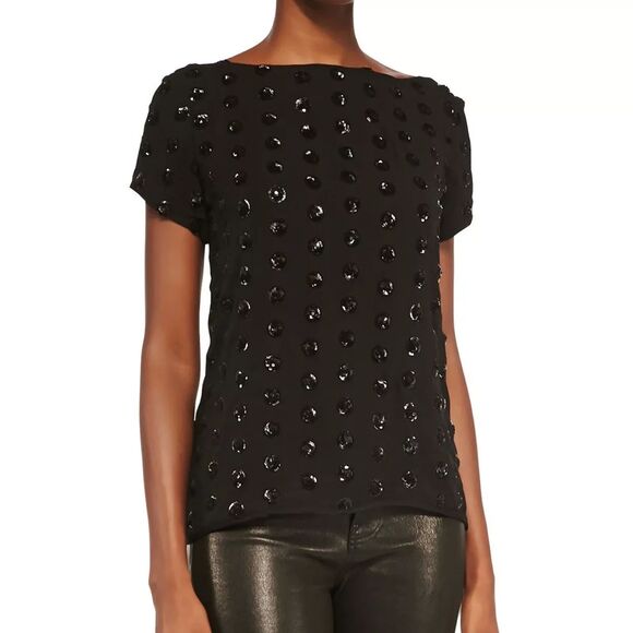 Milly Black Short Sleeve Sequined Dot Tee Scoop Back Blouse Size 2 Party Basics - Picture 1 of 12